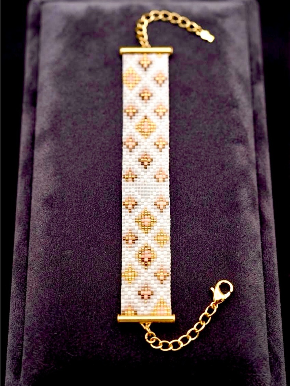 Miyuki delica loom bracelet in white, blush, taupe, and gold - gold plated ends - Picture 6 of 6